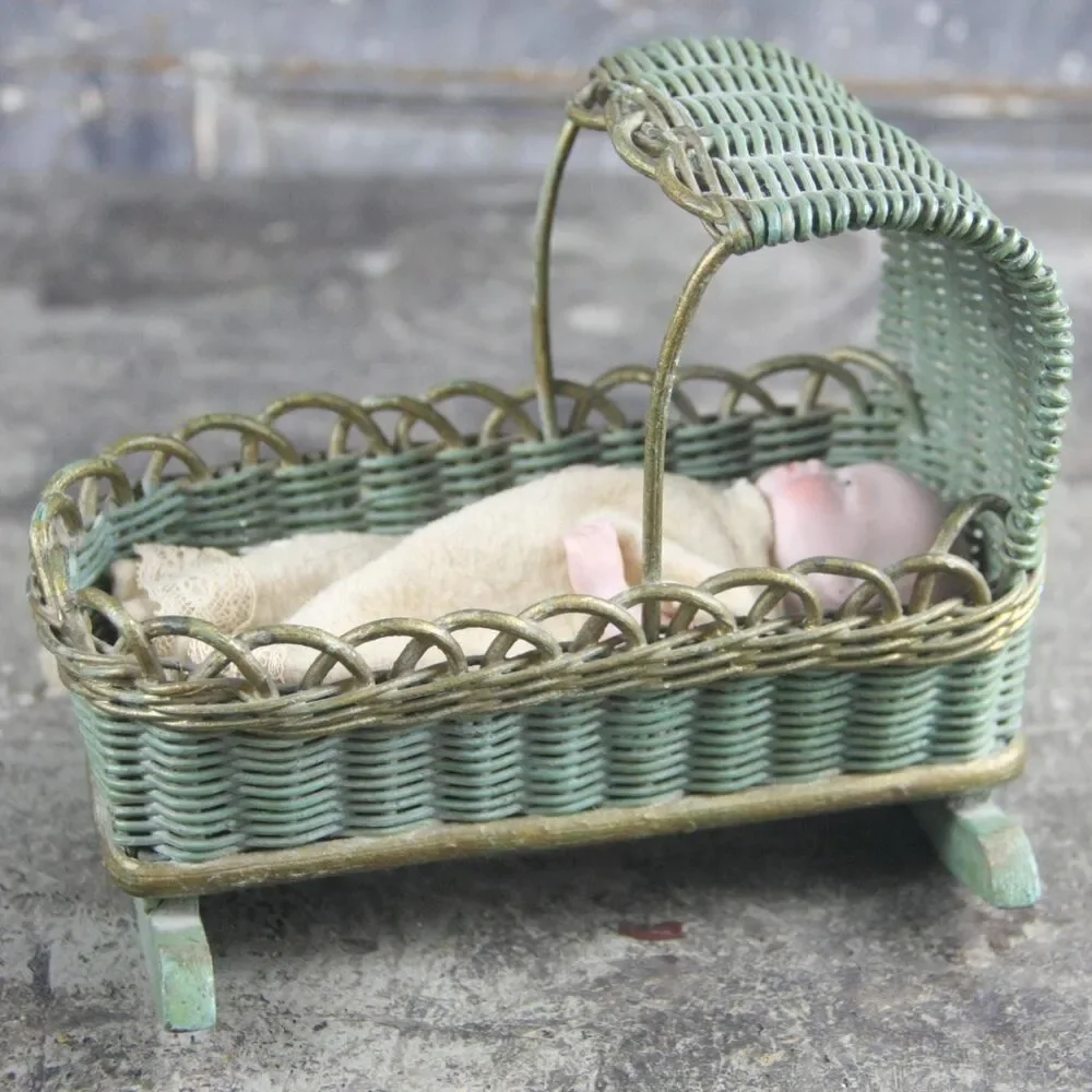 Antique One-Of-A-Kind Miniature China Doll in Wicker Cradle